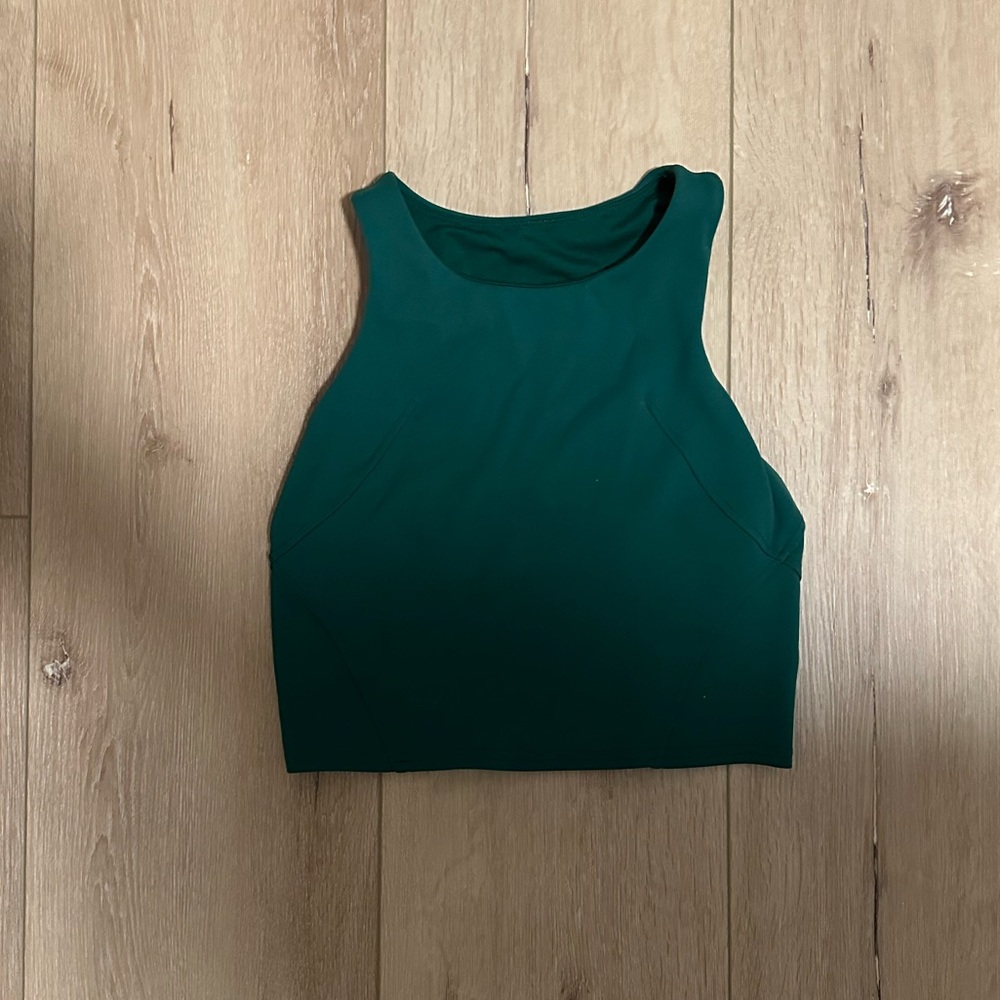 Lululemon Athletica Dark Green Wunder Train cropped tank with built in bra.
